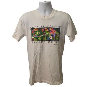 Vintage Panama Colors Molas Graphic T-Shirt White Toucan Parrot Men Small